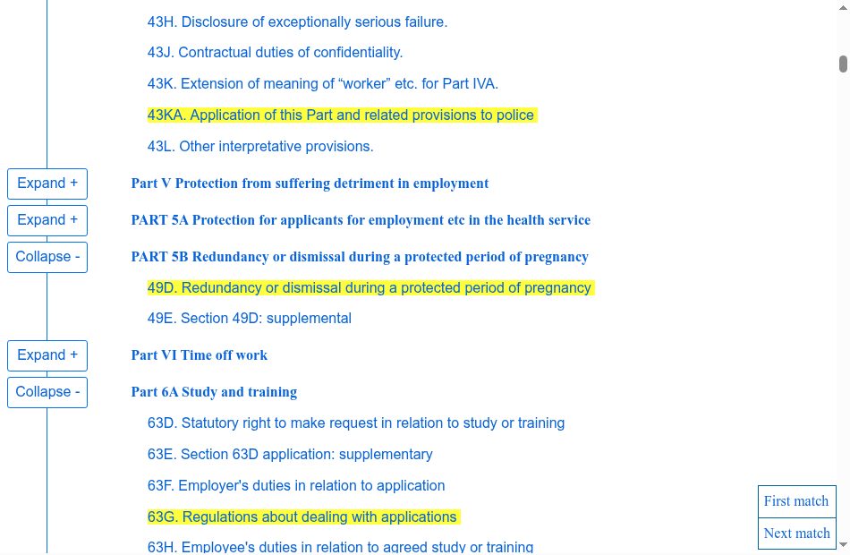 contents of the Employment Rights Act 1996, matching sections highlighted