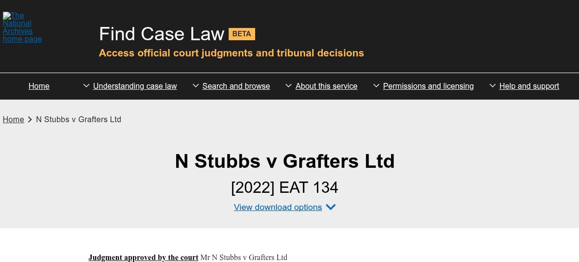 N Stubbs v Grafters Ltd [2022] EAT 134